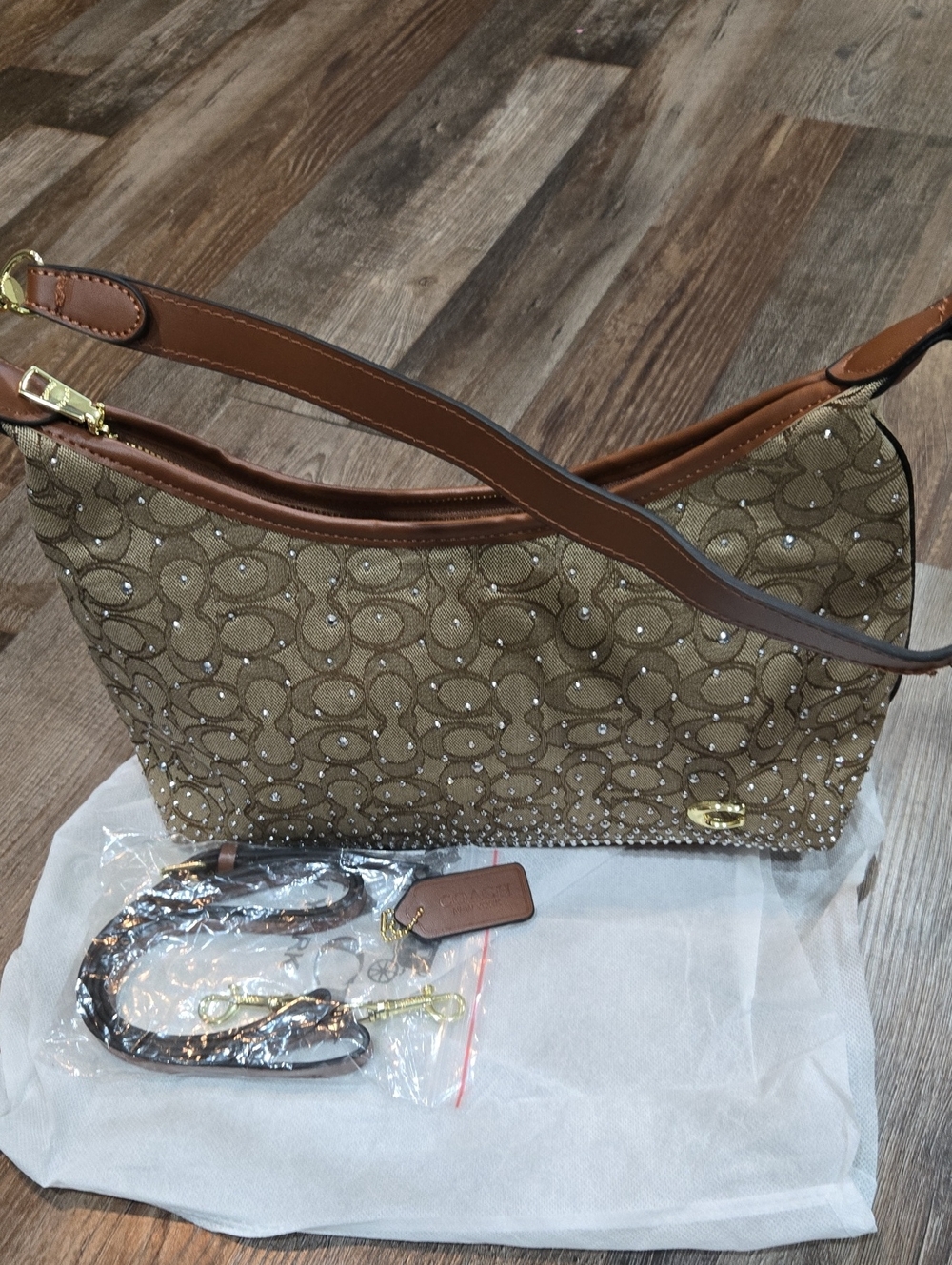 Women's Coach Brown Monogram Sling Bag with Crystal Accents